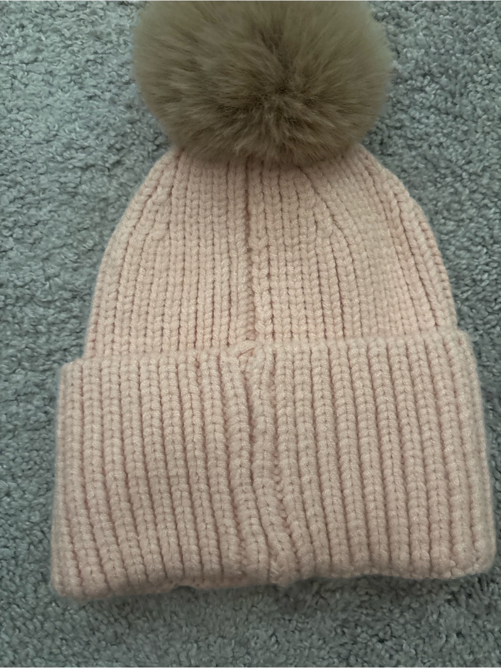 Steve Madden Blush Pink Knit Pom Beanie with Taupe Pom